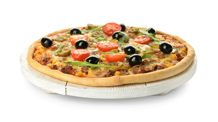 Board with tasty pizza on white background