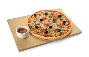 Board with tasty pizza and sauce on white background