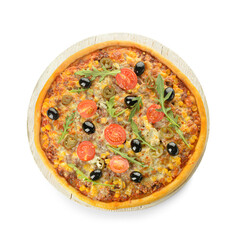 Board with tasty pizza on white background