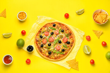 Composition with tasty pizza, sauce and nachos on color background