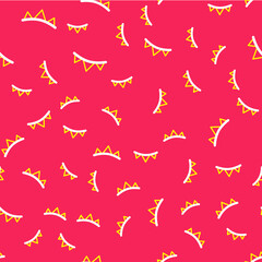 Line Carnival garland with flags icon isolated seamless pattern on red background. Party pennants for birthday celebration, festival decoration. Vector