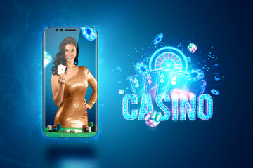 Concept for online casino, gambling, online money games, bets. Smartphone and pretty girl with...