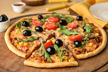 Board with tasty pizza on color background, closeup