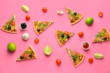 Composition with slices of tasty pizza, sauce and lime on color background