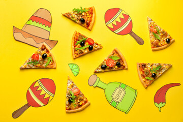 Composition with tasty pizza and drawn symbols of Mexico on color background