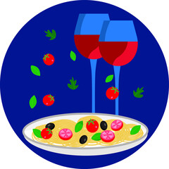 Код стокового векторного изображения без лицензионных платежей: 1993797842
Spaghetti with fresh tomato and basil. Red wine glasses