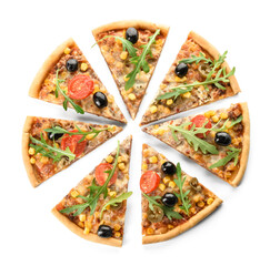 Slices of tasty pizza on white background