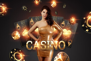 Beautiful girl on the background of the golden casino atrebutics. Winning, casino advertising...