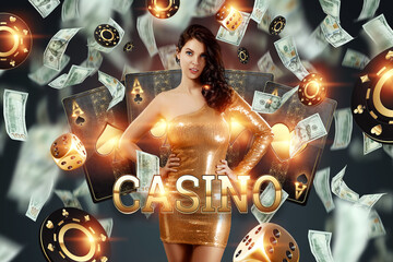 Beautiful girl on the background of casino atrebutics and falling dollars. Winning, casino...