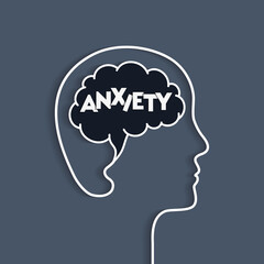 Anxiety concept with human head and brain silhouette. Being anxious, having dark thoughts, mental problems Vector illustration in papercut art. Word lettering typography.