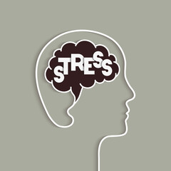 Stress concept with human head and brain silhouette. Mental stress, feeling stressed or stressing over something. Vector illustration in papercut art. Word lettering typography.