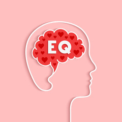EQ, emotional intelligence and quotient concept with head, brain and heart shape silhouette. Human mind, red hearts and profile face outline in papercut art. Word lettering typography. - obrazy, fototapety, plakaty