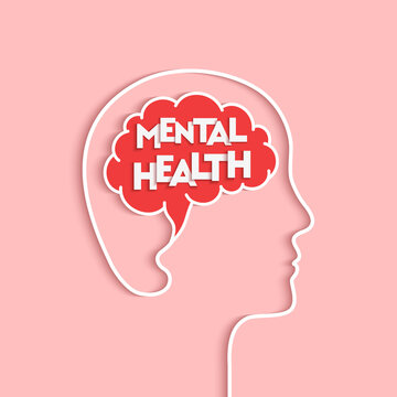 Mental health concept. Human head and brain silhouette as healthy mind, good mental hygiene and wellbeing symbol. Person and profile face outline in papercut art. Word lettering typography.