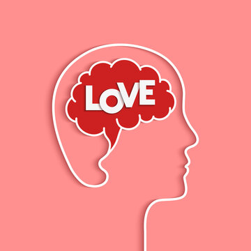Love concept with human head and brain silhouette. Being in love, feeling loved, romance and romantic emotion symbol. Person and profile face outline in papercut art. Word lettering typography.