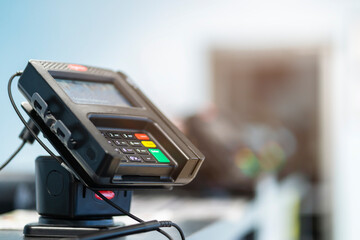 closeup credit card cashier counter cashless business payment process business ideas concept with...