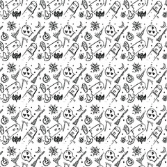 Seamless Halloween vector pattern. Doodle vector with halloween icons on white background. Vintage halloween icons,sweet elements background for your project.