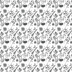 Seamless Halloween vector pattern. Doodle vector with halloween icons on white background. Vintage halloween icons,sweet elements background for your project.