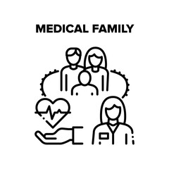 Medical Family Vector Icon Concept. Medical Family Examination And Treatment In Hospital. Doctor Checking Parents And Children. Disease Diagnose And Treat In Clinic Black Illustration