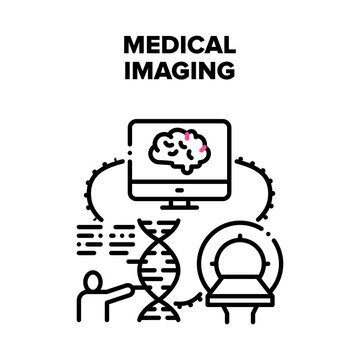 Medical Imaging Vector Icon Concept. Medical Imaging Mri Scanner For Checking Patient Health And Examining Brain On Computer Screen. Researching Human Dna With Digital Equipment Black Illustration