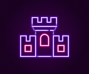 Glowing neon line Castle icon isolated on black background. Medieval fortress with a tower. Protection from enemies. Reliability and defense of the city. Colorful outline concept. Vector