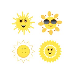 Cute Sun Icon Vector Set. Hand Drawn Doodle Different Funny moment