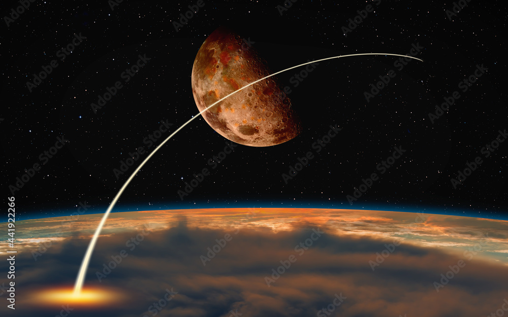 Poster long exposure night time rocket launch - night sky with moon 