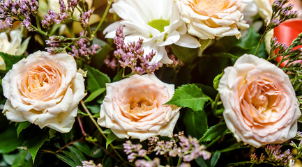 Festive bouquet of beige roses close-up