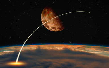Long Exposure Night Time Rocket Launch - Night sky with moon 