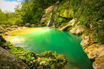 Virje Waterfall, beautiful waterfall located near Bovec town. Soca Valley, Triglav National Park, Julian Alps, Slovenia, Europe.
