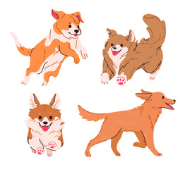 Cute puppies jumping and running. Dog in various poses concept vector illustration collection.