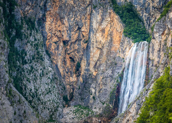 Famous slovenian waterfall Boka in Julian Alps in Triglav National park. One of the highest in Slovenia. Slap Boka.