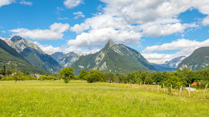 Beautiful landscape in Bovec with the Julian Alps in the back, Triglav National Park, Slovenia.