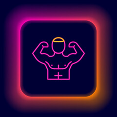 Glowing neon line Bodybuilder showing his muscles icon isolated on black background. Fit fitness strength health hobby concept. Colorful outline concept. Vector