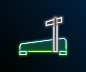 Fototapeta premium Glowing neon line Treadmill machine icon isolated on black background. Colorful outline concept. Vector