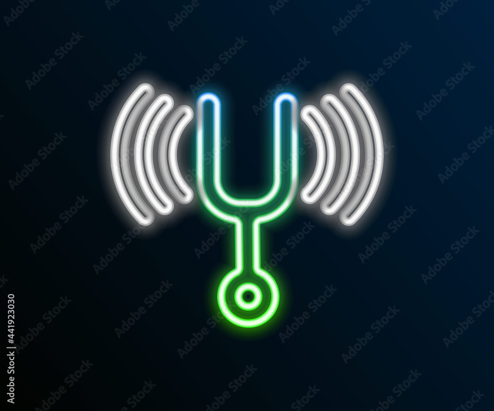 Poster glowing neon line musical tuning fork for tuning musical instruments icon isolated on black backgrou