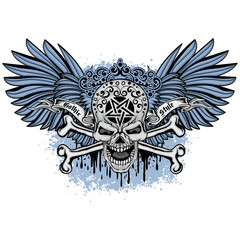 Gothic sign with skull and blue wings, grunge vintage design t shirts