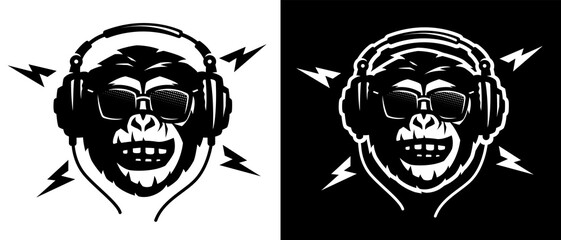 Monkey head with headphones and sunglasses on a light and dark background. Vector illustration.