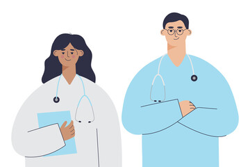 Fototapeta premium Male and female doctors with stethoscopes standing together. Smiling nurse and doctor isolated on white background. Hospital staff vector illustration in flat style. Cute cartoon characters