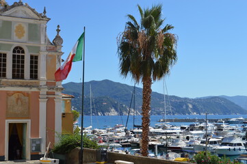 Portofino, Italy. Cityscape with view on Sea and Oratorio di Sant Erasmo.