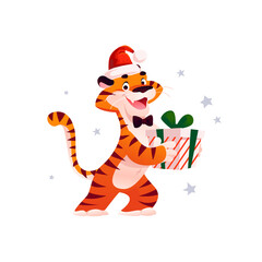 Fototapeta na wymiar Vector flat cartoon illustration of new year and merry Christmas mascot tiger funny character in santa hat with gift box isolated. For banners, web, packaging, ads, cards etc.