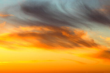 Cirrus clouds orange on the sunset, evening sky