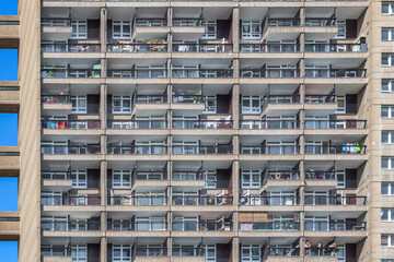 A Brutalist style tower block, Trellick Tower, in London, UK