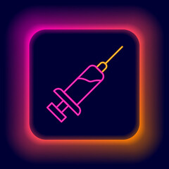 Glowing neon line Syringe with serum icon isolated on black background. Syringe for vaccine, vaccination, injection, flu shot. Medical equipment. Colorful outline concept. Vector