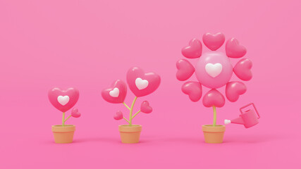 3D rendering, abstract models valentines plant symbolic grow up in brown shiny pots, for love, wedding, valentine's day, anniversary.