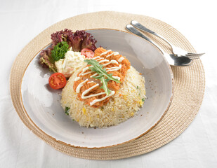 chef wok fried rice with crispy chicken chop cutlet and side salad asian halal menu