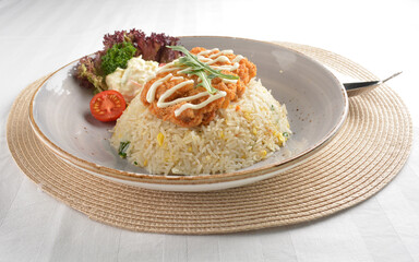 chef wok fried rice with crispy chicken chop cutlet and side salad asian halal menu