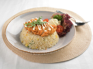 chef wok fried rice with crispy chicken chop cutlet and side salad asian halal menu