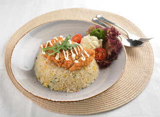 chef wok fried rice with crispy chicken chop cutlet and side salad asian halal menu
