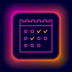 Glowing neon line Hotel booking calendar icon isolated on black background. Colorful outline concept. Vector
