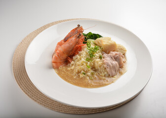 chef wok fried rice with seafood big tiger prawn and meat in thick gravy sauce asian halal menu